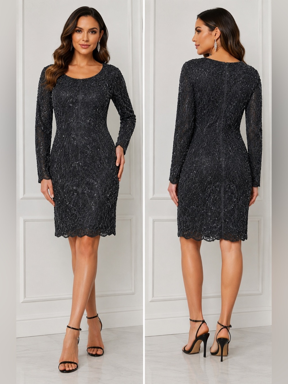 Pisarro Nights Slate Beaded Sequin Long Sleeve Cocktail Dress Size 6